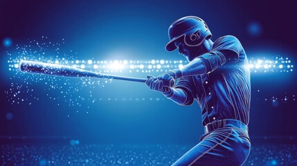Baseball player in action, hitting a home run, with stadium lights casting a spotlight, done in detailed vector illustration style