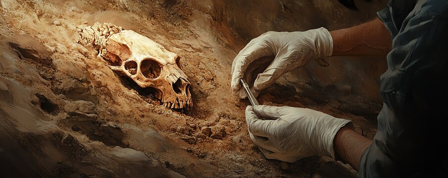 Archaeologist carefully uncovers an ancient animal skull in an excavation site, revealing secrets of the past.
