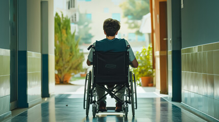 Obraz premium Man in a wheelchair is sitting in a hallway. The hallway is empty and the man is alone