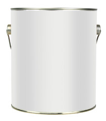 Paint can gallon tin with blank white label to add your design to and silver metal handle folded behind it isolated on colorless background. Clipping path for can and label area included.