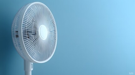 White electric stand fan against blue background