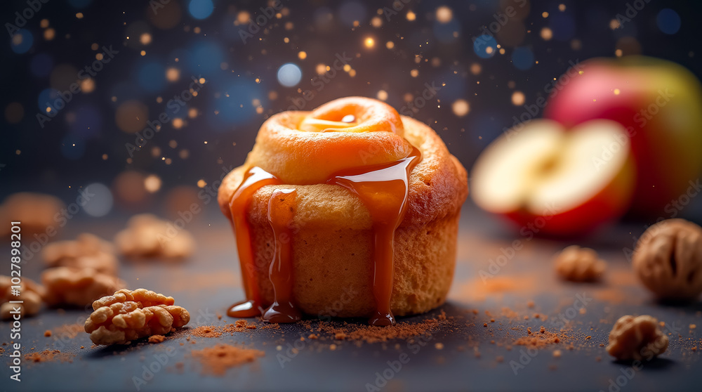 Poster a delightful cinnamon roll sits drizzled with caramel, topped with walnuts, with a sliced apple and 