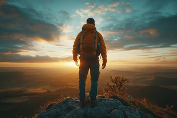 Adventurer Standing on Mountain Peak at Sunrise, Embracing Nature's Beauty