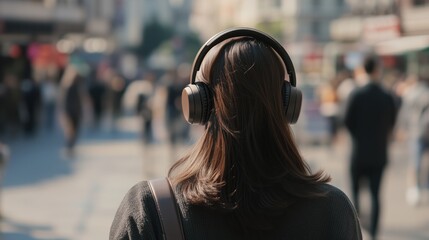 woman walking on the street with headphones on, blurry background