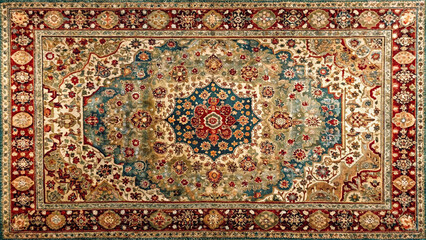 Texture old of traditional Persian carpet red turquoise pattern. Oriental rug with intricate pattern