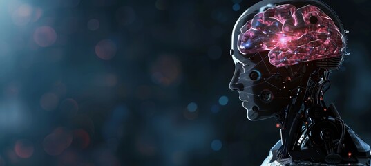 ai robot portrait, side profile, dark blurred background with space for adding text