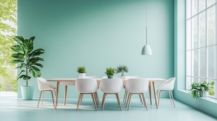 Empty dining table in a modern kitchen with pastel-colored furniture, contemporary design, open and bright space