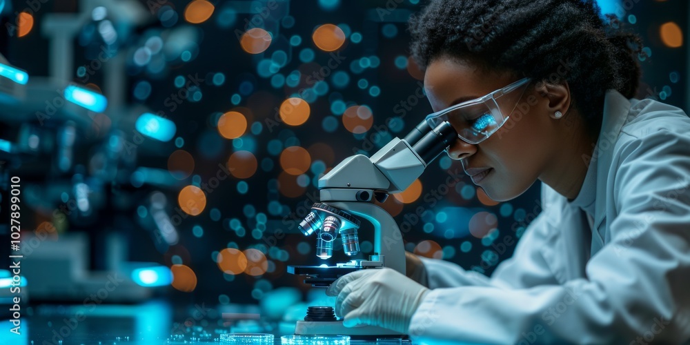 Poster female scientist using a microscope for research in a high-tech laboratory