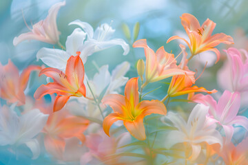 Fototapeta premium Delicate Orange and White Lilies in a Soft, Dreamy Garden Setting