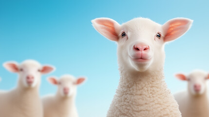 Obraz premium A curious lamb stands out against a clear blue sky on a sunny day in the countryside