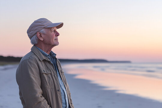 Senior man wearing a cap and jacket, standing on a tranquil beach at dusk, watching the sunset in a serene and reflective mood
