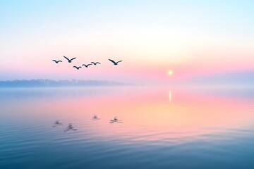 Fototapeta premium Peaceful sunrise over a misty lake with birds flying. Serene nature scene, soft pastels in the sky reflected in calm water evoke tranquility.