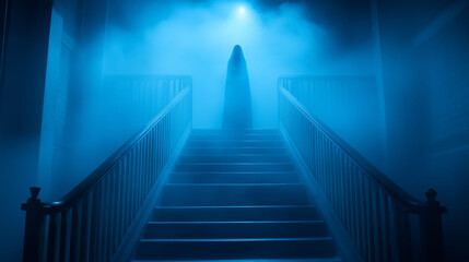 Fototapeta premium A mysterious figure shrouded in fog ascending an old staircase in a dimly lit building at night