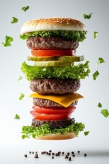 Detailed hamburger ingredients in the air: lettuce, tomato, cheese, beef patty, sesame bun, white backdrop