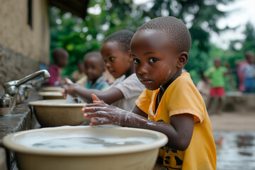 Children Washing Hands at Outdoor Basin in Rural Setting