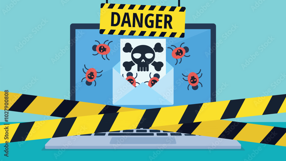 Poster vector graphic shows a laptop with a screen displaying an email containing a skull and crossbones. r