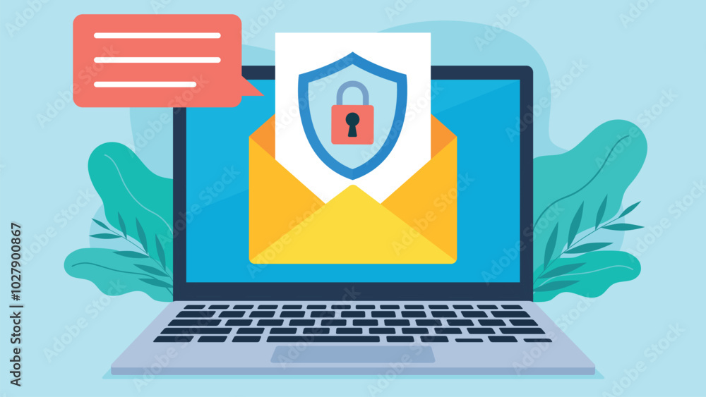 Poster vector graphic shows a laptop displaying an open email with a shield and padlock symbol, representin