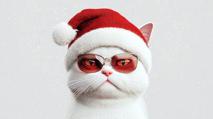 3d portrait face of cute white png adorable andry cat breed cute with big eyes features staring sunglasses realistic look real domestic pet face with Christmas clothes theme winter mood papa noel cap