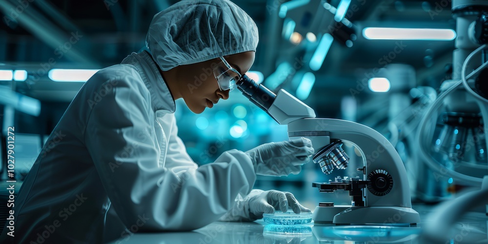 Poster scientist examining samples under a microscope in a sterile laboratory environment