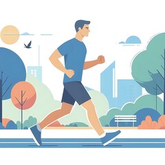Obraz premium Flat-style illustration of a man jogging through a park. Ideal for fitness, outdoor, and healthy lifestyle-themed designs. Simple and energetic composition, perfect for promoting physical activity. 