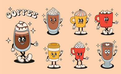 Set of groovy coffee cup characters. Cappuccino, latte, espresso. Vector flat illustration.