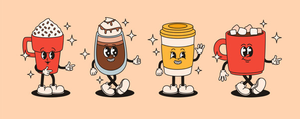 Set of groovy characters cups with drinks. Cappuccino, latte, espresso, cocoa. Vector flat illustration.