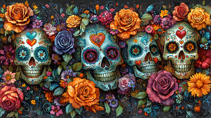 Fototapeta premium Mexican colorful sugar skull makeup. Traditional calaca heads for Day of dead celebration. Dia de los muertos Traditional Mexican carnival style Santa Muerte concept