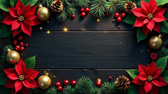 Christmas card on a golden background of poinsettia flowers "Christmas star", fir branches, Christmas balls, gingerbread houses on a black background. Sparkling bokeh. Free space for text