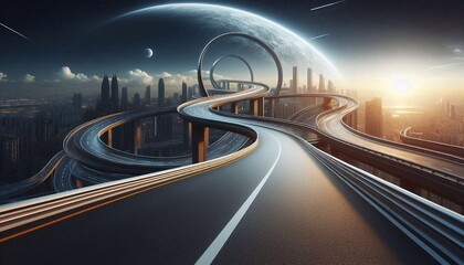 Obraz premium Curved asphalt highway - 3D Illustration