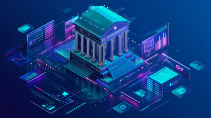 Obraz premium Modern banking is changing with new technology. Digital tools, artificial intelligence, blockchain, and data analysis are making finance more secure, efficient, and accessible worldwide.