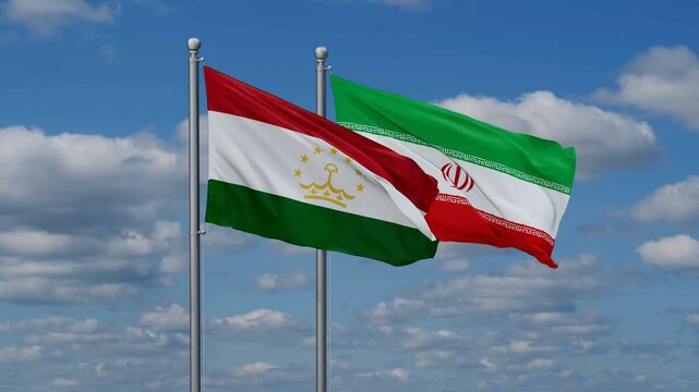 Iran and Tajikistan two flags waving together on blue , video concept of the relationship