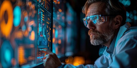 Scientist analyzing data on futuristic digital interface in a high-tech laboratory setting