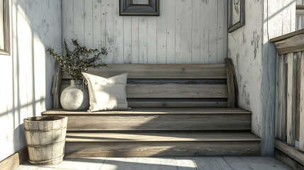 Wooden bench and steps in a charming farmhouse entryway design