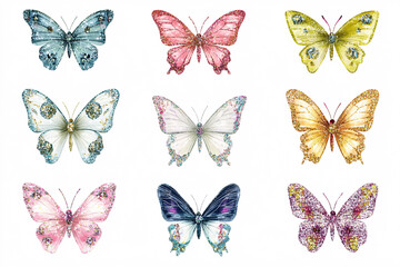 Nine colorful butterflies with detailed wings arranged in a grid pattern on a white background creating a beautiful nature-inspired design
