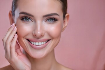 Fototapeta premium Cheerful young woman smiling while touching her face against a simple pink background in a joyful, lively atmosphere. Generative AI