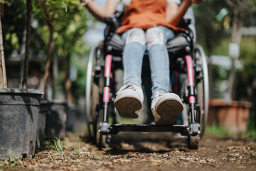 A close-up of a woman sitting in a wheelchair, spending a serene day outdoors surrounded by plants...