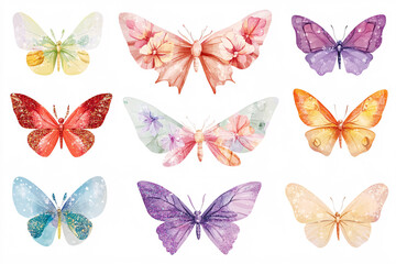 An artistic display of nine butterflies in various colors and styles set against a white background highlighting their unique beauty