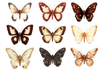 Nine detailed butterflies with unique wing designs in soft brown and cream tones arranged on a white background
