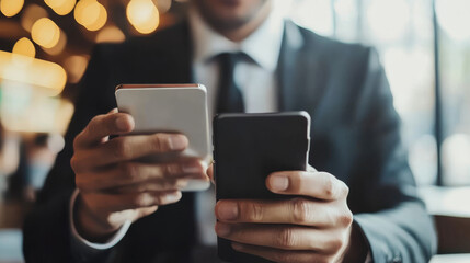 The businessman is using his phone to manage his bank account, shop online, and make payments.  He's taking advantage of technology to handle his finances and buy things easily.