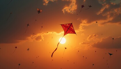 India: Makar Sankranti.  Children and adults flying kites from rooftops. Traditional celebrations in the world concept. 