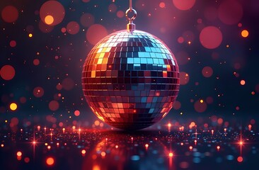 Disco ball with bright colorful rays bokeh background. New Year night party invitation.