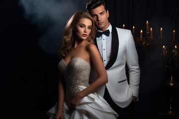 Vintage wedding. The bride and groom dressed in classic Hollywood style outfits. A romantic moment beautifully captured between a glamorous couple dressed in elegant attire