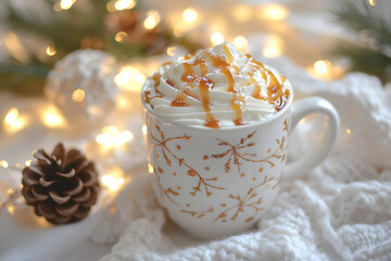 Steaming Mug of Salted Caramel Hot Cocoa in a Festive Setting