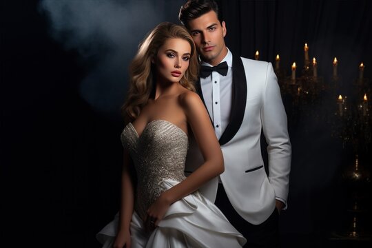 Vintage wedding. The bride and groom dressed in classic Hollywood style outfits. A romantic moment beautifully captured between a glamorous couple dressed in elegant attire