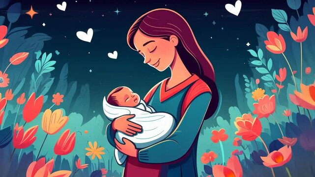 A woman is holding a baby in her arms. The baby is wrapped in a blanket. Concept of warmth and love between the mother and child