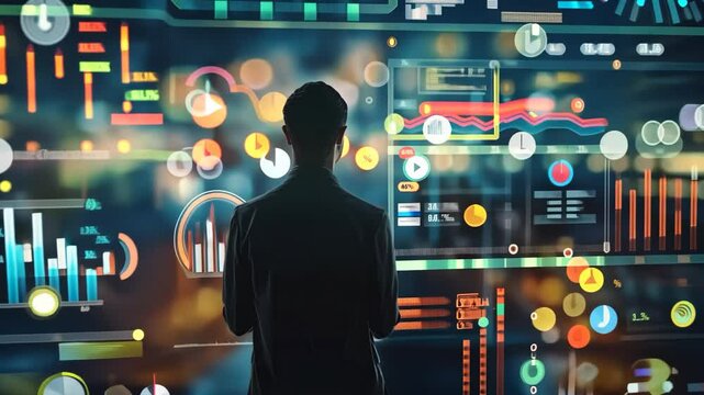 A man is looking at a computer screen with a lot of numbers and graphs. Concept of focus and concentration as the man studies the data displayed on the screen