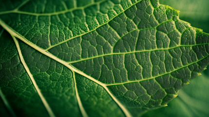 Obraz premium The photo shows a green leaf up close. You can see the leaf's veins clearly. The details of the leaf and its bright green color are beautiful, showing how amazing nature is.
