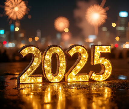 futuristic new year eve celebration unfolds backdrop gold glitz fireworks soft blurred city