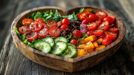 Fresh vegetable salad served in a heart-shaped wooden bowl, featuring cherry tomatoes, cucumbers, and bell peppers on a rustic table