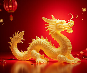 Fototapeta premium image features radiant golden crystal dragon set richly colored red backdrop lunar new year